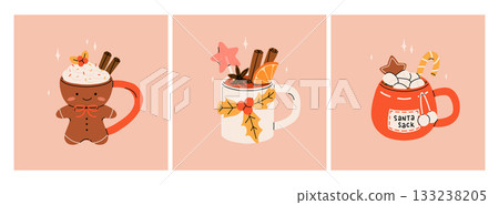 Christmas hot drink collection. Flat cartoon beverages. Holiday cute mugs with hot cocoa, coffee, and mulled wine. New year drinks decorated with sweets and candy. Isolated vector illustration Christmas hot drink collection. Flat cartoon beverages. Holiday cute mugs with hot cocoa, coffee, and mulled wine. New year drinks decorated with sweets and candy. Isolated vector illustration 133238205