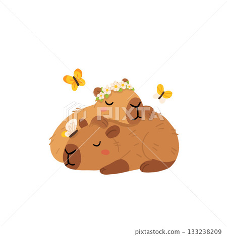 Vector capybara illustration. Cute scene with two capibaras slipping with closed eyes, with butterflies and flower wreath. Funny spring or summer scene with adorable animal 133238209