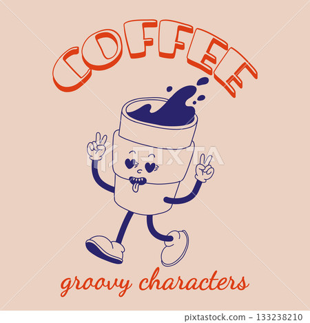 Funky groovy cartoon character Coffee sticker. Vintage funny mascot with psychedelic smile and emotion. Design art for cafe, bar, restaurant. Comic trendy vector illustration 70s 80s 90s style Funky groovy cartoon character Coffee sticker. Vintage funny mascot with psychedelic smile and emotion. Design art for cafe, bar, restaurant. Comic trendy vector illustration 70s 80s 90s style 133238210