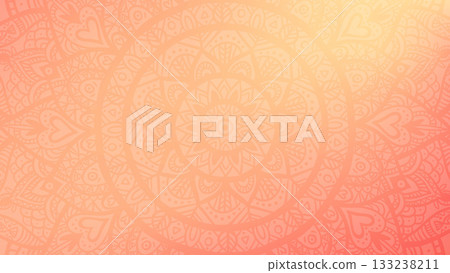 Round mandala on dreamy peach fuzz gradient background. Translucent mesh pattern in the form of a mandala. Mandala with floral patterns. Pastel Yoga template. Round mandala on dreamy peach fuzz gradient background. Translucent mesh pattern in the form of a mandala. Mandala with floral patterns. Pastel Yoga template. 133238211