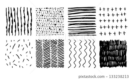 Pencil stroke pattern. Pen doodle scrawl. Hand drawn sketch texture with pencil lines. Cross or parallel hatch. Black and white grunge backgrounds. Vector square hatching shapes set Pencil stroke pattern. Pen doodle scrawl. Hand drawn sketch texture with pencil lines. Cross or parallel hatch. Black and white grunge backgrounds. Vector square hatching shapes set 133238213