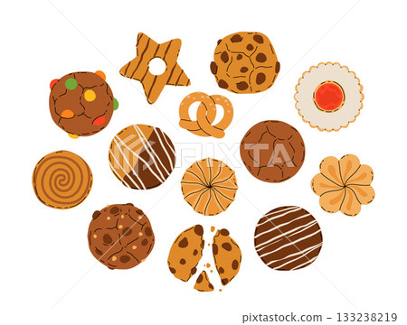 Cookies Set with pretzel, Round Shaped Cookies, stars and flowers with chocolate chips, sugar and marmalade. Chocolate Vanilla Dough, Jam Filled and Sesame Toppings 133238219
