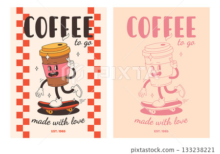 Set of fast food posters. Retro groovy cards with street food characters. Brochure with funky groovy burger, french fries, soda, ice cream, donut, pie, coffee to go, sandwich. Fast food delivery Set of fast food posters. Retro groovy cards with street food characters. Brochure with funky groovy burger, french fries, soda, ice cream, donut, pie, coffee to go, sandwich. Fast food delivery 133238221
