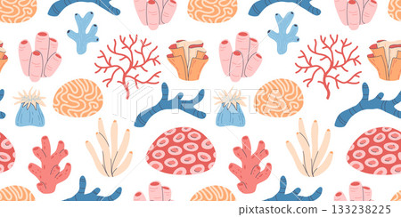 seamless pattern underwater ocean coral reef plants, corals and anemones. Aquatic and aquarium seaweeds, tropical coral-reef elements. Marine algae, sea wildlife, sponges and seagrasses seamless pattern underwater ocean coral reef plants, corals and anemones. Aquatic and aquarium seaweeds, tropical coral-reef elements. Marine algae, sea wildlife, sponges and seagrasses 133238225
