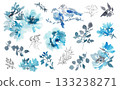 A set of watercolor stylish blue roses, birds, and leaves PNG illustrations. Hand-drawn botanical illustrations. 133238271