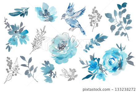 A set of watercolor stylish blue roses, birds, and leaves PNG illustrations. Hand-drawn botanical illustrations. A set of watercolor stylish blue roses, birds, and leaves PNG illustrations. Hand-drawn botanical illustrations. 133238272