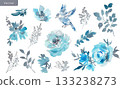 Vector illustration set of watercolor stylish blue roses, birds and leaves. Hand-drawn botanical illustration. 133238273