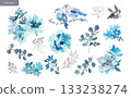 Vector illustration set of watercolor stylish blue roses, birds and leaves. Hand-drawn botanical illustration. 133238274