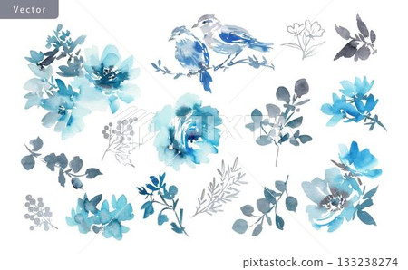 Vector illustration set of watercolor stylish blue roses, birds and leaves. Hand-drawn botanical illustration. 133238274
