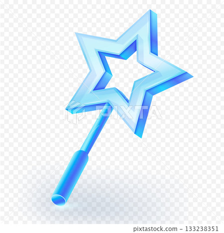 Shiny translucent glass blue magic wand with a star shape on a transparent background. Concept for fantasy, fairy tales, dreams. 3d vector illustration. 133238351