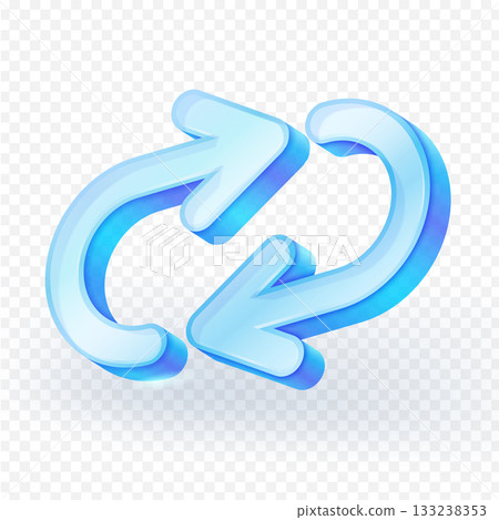 3D arrows forming loop icon. Material is light blue clear glass. Concept of rotation, circular economy, continuous process, repeat, recycle, refresh or data synchronization. Vector illustration. 3D arrows forming loop icon. Material is light blue clear glass. Concept of rotation, circular economy, continuous process, repeat, recycle, refresh or data synchronization. Vector illustration. 133238353