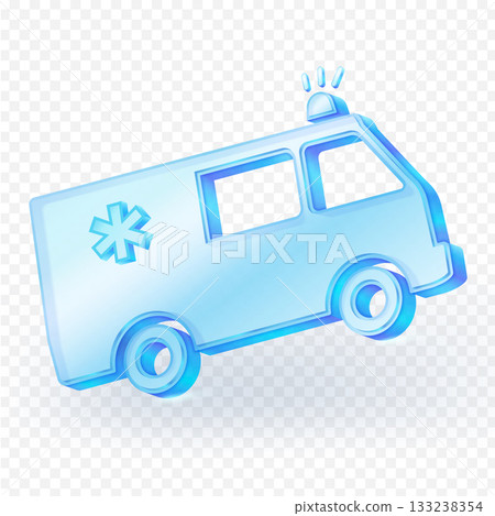 3D glass icon ambulance with an asterisk of life and siren lights. Concept of medical help, rescue, and urgent care. Vector illustration. 3D glass icon ambulance with an asterisk of life and siren lights. Concept of medical help, rescue, and urgent care. Vector illustration. 133238354
