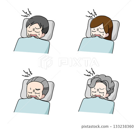 Set of 4 illustrations of adults groaning in their sleep Set of 4 illustrations of adults groaning in their sleep 133238360