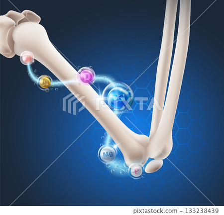 Vitamins and minerals Calcium, Vitamin D, Magnesium, Phosphorus flowing around a human bones of the arms and elbows for strong bones and joint health. ideal for health, nutrition, supplement content. 133238439