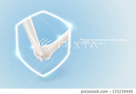 Arm and elbow bone protection concept or medical care with shield and arm bone symbol on blue pastel background. Clinic, specialist hospital, food and vitamins. Vector illustration file. 133238440