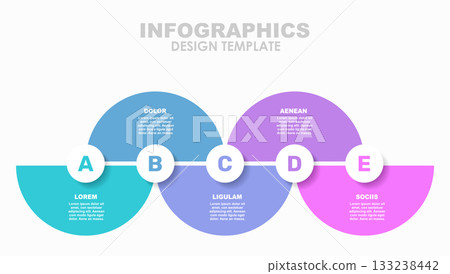 Five-step timeline infographic circular segments, icons, and text for business, planning, or presentation. Vector illustration. Five-step timeline infographic circular segments, icons, and text for business, planning, or presentation. Vector illustration. 133238442