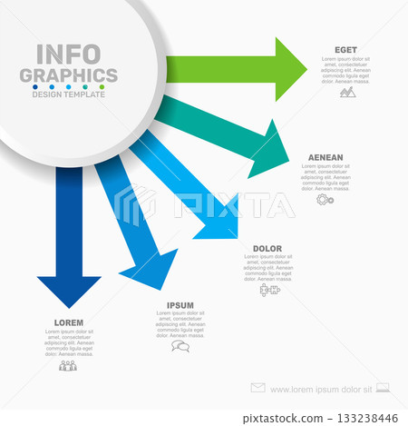 Colorful arrows with icons and text radiate from a central circle, ideal for business or infographic presentations. Vector. Colorful arrows with icons and text radiate from a central circle, ideal for business or infographic presentations. Vector. 133238446