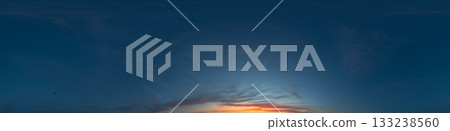 Dark moody twilight Sunset sky 360 panorama with bright glowing red pink Cirrus clouds. HDR 360 seamless spherical panorama. Sky dome for aerial drone panoramas. Climate and weather change 133238560