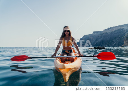 Woman Kayaking Ocean Santorini Greece 133238563