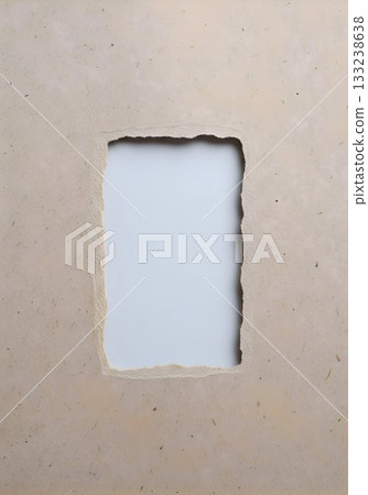 Square Torn Paper Frame on Beige Handmade Paper 133238638