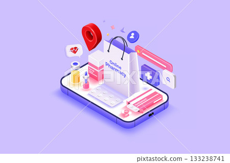 Modern 3d isometric illustration of Online Pharmacy 133238741