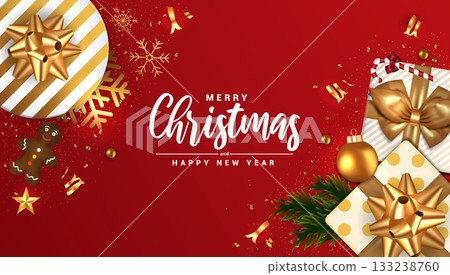 Holiday New year card - Merry Christmas on red background 5 133238760