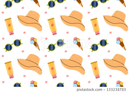 Vector illustration pattern with summer sun protection elements. Flat cartoon seamless design with straw hat, sunscreen, sunglasses, ice cream, beach accessories and warm season vibes 133238783