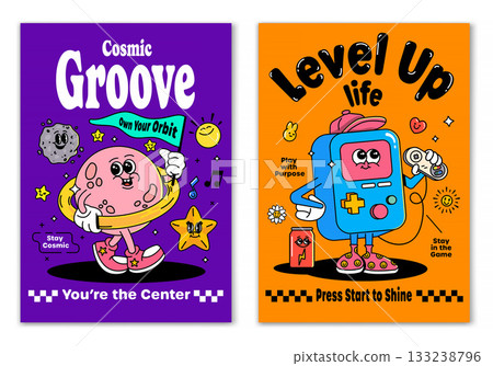 Groovy Gamer & Planet Poster Set  Funky Retro Gaming and Space Exploration Art 133238796