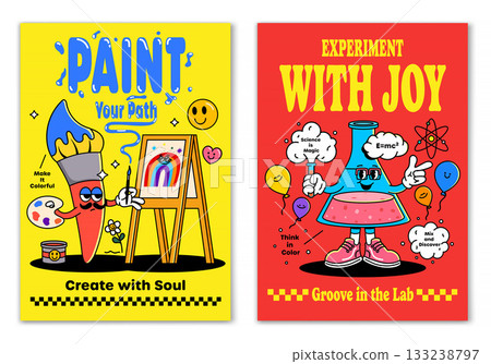 Groovy Artist and Scientist Profession Posters Colorful Creative Careers in Retro Style 133238797
