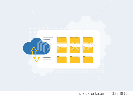 Cloud file sync concept. User data management as cloud file sync instantly backs up folders with seamless upload. Real-time access for 2026 remote workflows and secure storage solutions illustration 133238993