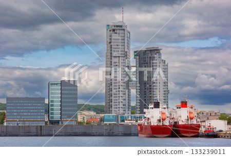 Sea Towers and cargo ships in Gdynia, Poland Sea Towers and cargo ships in Gdynia, Poland 133239011