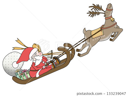 Color illustration of Santa Claus riding a sleigh with reindeer and carrying presents Color illustration of Santa Claus riding a sleigh with reindeer and carrying presents 133239047
