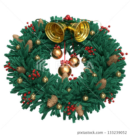 Christmas Wreath with Bells and Ornaments PNG image 3D render. Christmas Wreath with Bells and Ornaments PNG image 3D render. 133239052