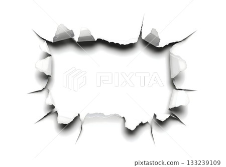 Torn Paper Hole with Jagged Edges on White Background 133239109