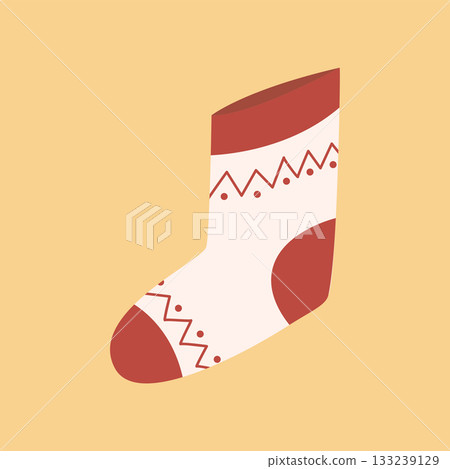 Cute Hand Drawn Christmas Sock With Simple Pattern On Beige Background Cute Hand Drawn Christmas Sock With Simple Pattern On Beige Background 133239129