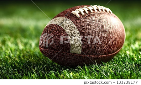 American football lying on lush green grass field 133239177