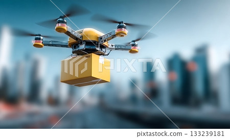 Modern drone delivering package in urban cityscape Modern drone delivering package in urban cityscape 133239181