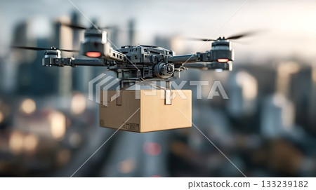 Drone delivering package flying over city skyline 133239182