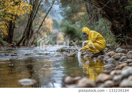 Scientist in protective suit and gas mask collecting water samples from polluted river Scientist in protective suit and gas mask collecting water samples from polluted river 133239184