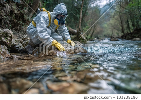 Scientist in protective suit examining river water pollution Scientist in protective suit examining river water pollution 133239186
