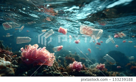 Plastic bottles polluting ocean water near coral reef Plastic bottles polluting ocean water near coral reef 133239188