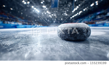 Curling stone resting on ice in arena stadium 133239199