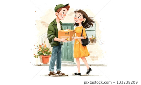 Delivery man delivering package to woman at home 133239209