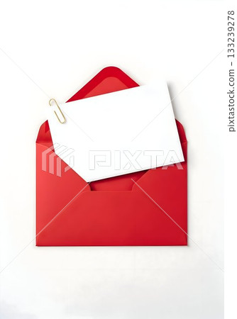 Red Envelope with Blank Card and Gold Paperclip 133239278