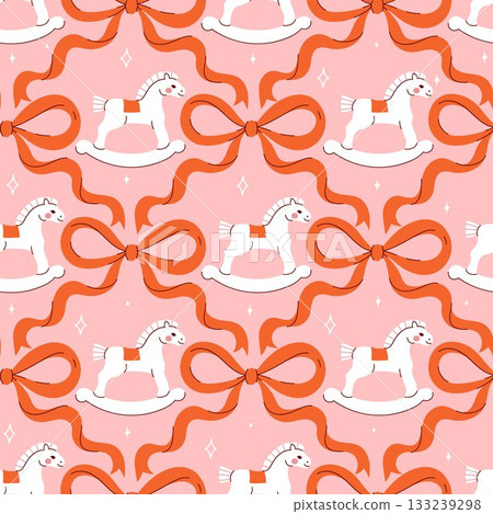 Seamless pattern with rocking horses and bows. Vector graphics. 133239298