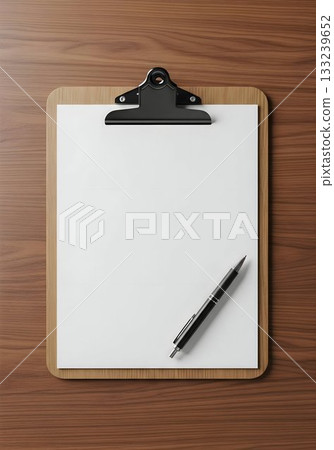 Clipboard with Blank Paper and Pen on Wooden Desk 133239652