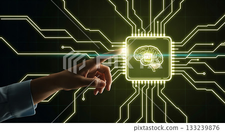 Artificial intelligence concept with hand touching a glowing circuit board 133239876