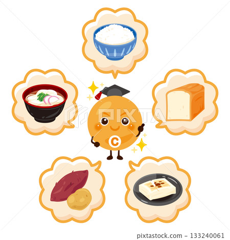 A set of various carbohydrate-rich foods and carbohydrate character illustrations 133240061