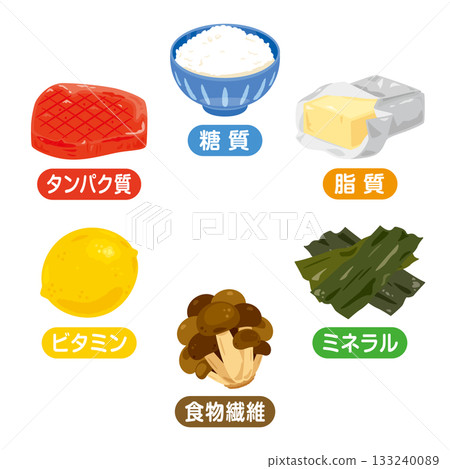 Food illustration set of the six major nutrients in Japanese 133240089