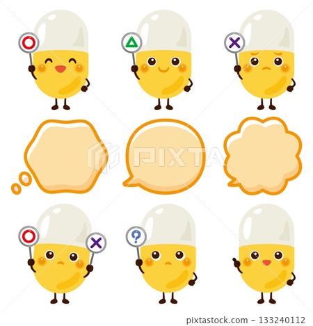 Character illustration of a capsule medicine holding a circle, circle, triangle, or triangle tag Character illustration of a capsule medicine holding a circle, circle, triangle, or triangle tag 133240112